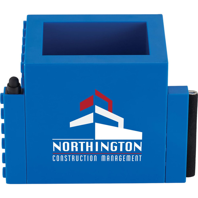 A blue pen pot featuring a square design and a logo on one side, ideal for office organisation.