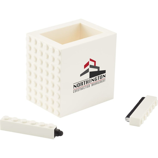 A white pen pot with a textured exterior, accompanied by two matching white pens. It features a logo on the front.