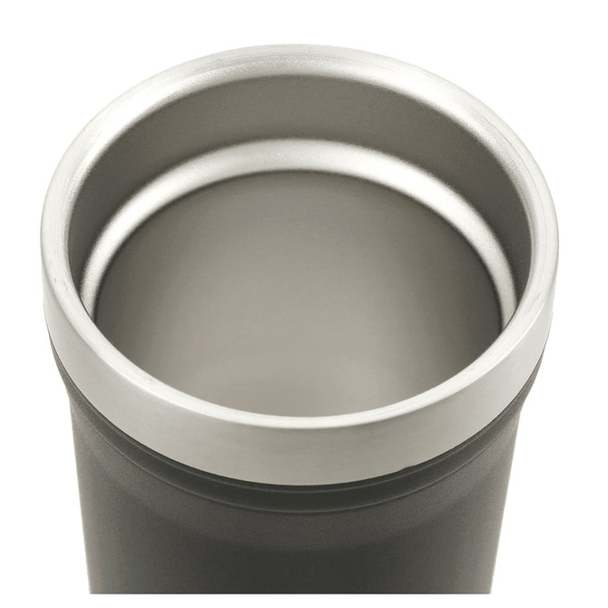 A drink bottle featuring a sleek black exterior and a stainless steel interior with a wide opening.