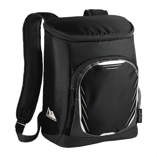 A black cooler backpack featuring a front pocket and mesh shoulder straps, ideal for carrying drinks.