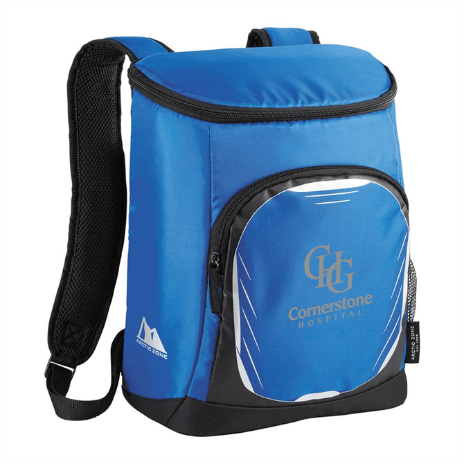 A blue cooler backpack with adjustable straps and a front pocket, featuring a logo on the side.