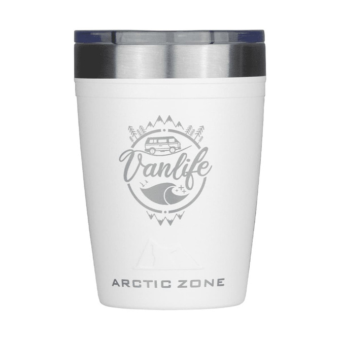 A drink bottle featuring a white exterior with a stainless steel lid, and a logo depicting a van and nature theme.