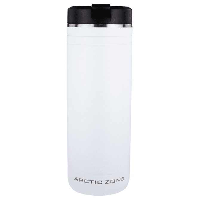 A drink bottle in white with a black lid, featuring a sleek design and a logo. Holds 700ml of liquid.