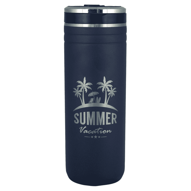 A drink bottle in navy blue with a straw, featuring a palm tree design and a logo.