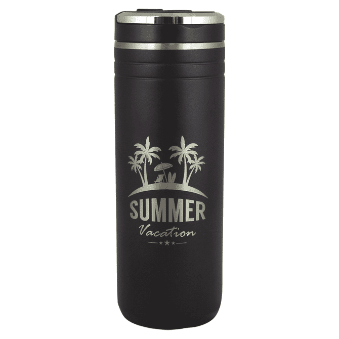 A drink bottle made of plastic, featuring a matte black finish, with a silver lid and a logo design.