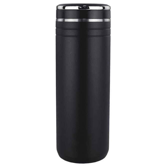 A drink bottle in matte black with a silver band and a straw opening at the top, featuring a logo.