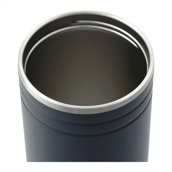 A drink bottle with a dark exterior and stainless steel interior, featuring a smooth lip and a logo.