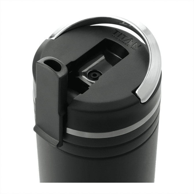 A drink bottle in black with a silver accent, featuring a straw opening and a secure lid. Branding is visible.
