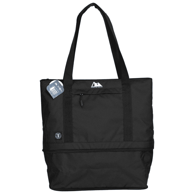 A black cooler bag with sturdy handles, featuring a zippered compartment and branding. Suitable for carrying drinks and food.