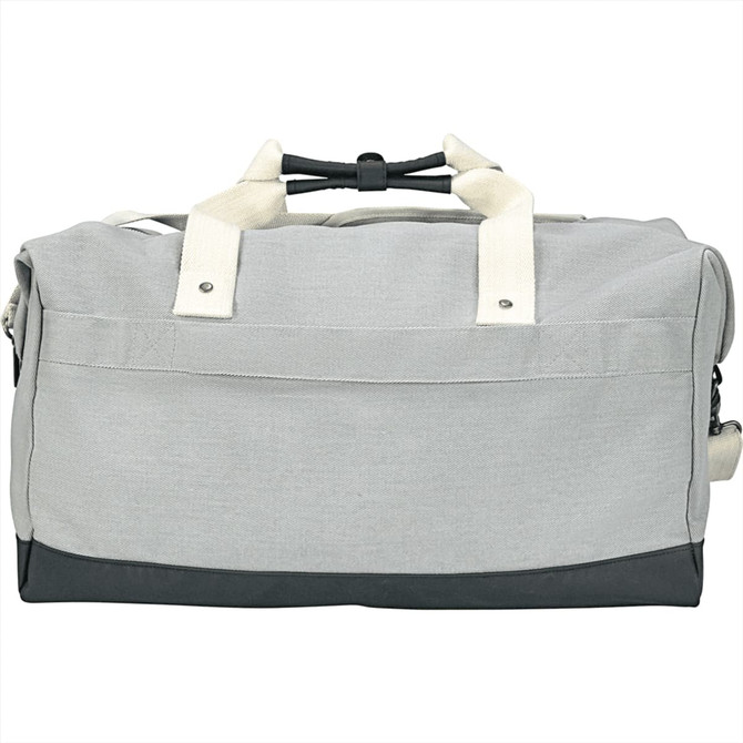 A grey and dark grey cotton duffel bag with handles and a branding logo.
