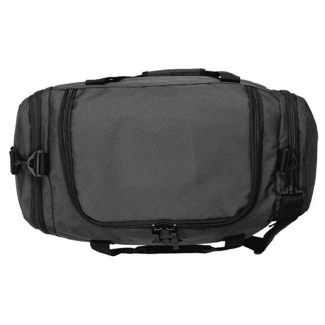 A dark grey duffel bag made from Repreve recycled material with multiple zippered compartments and a shoulder strap.