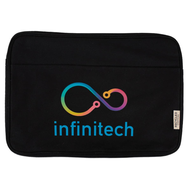 A black recycled canvas laptop sleeve featuring a colourful logo and a zippered pocket. Suitable for a 16" laptop.