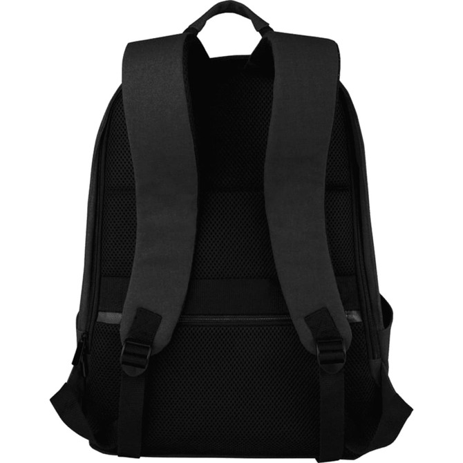 A black anti-theft laptop backpack with padded straps and a textured finish. Features a logo.