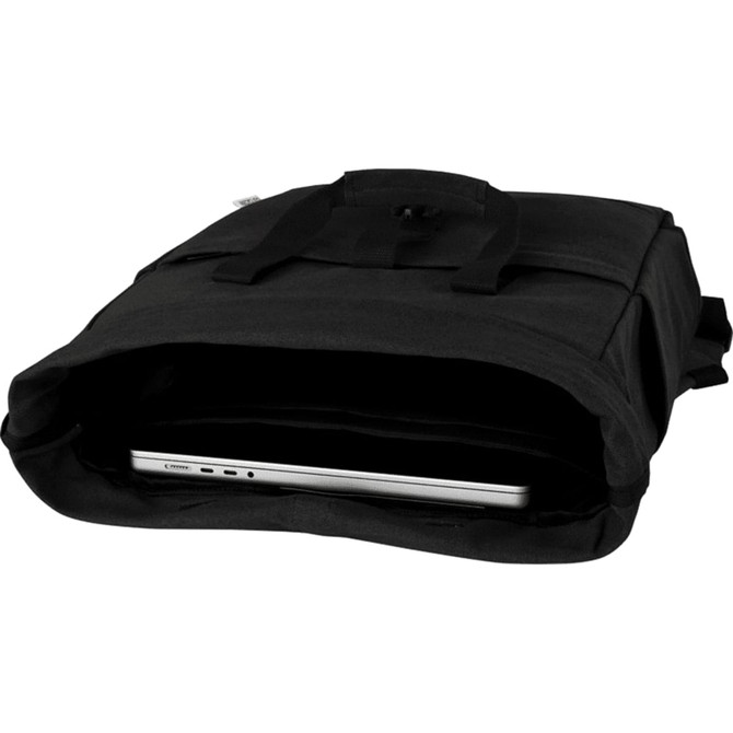 A black canvas backpack tote with a laptop compartment and sturdy handles, featuring a logo on the front.