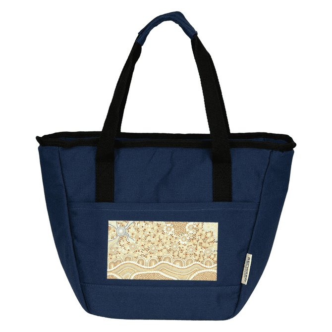 A navy cooler tote featuring a decorative panel, sturdy black handles, and a logo on the side.