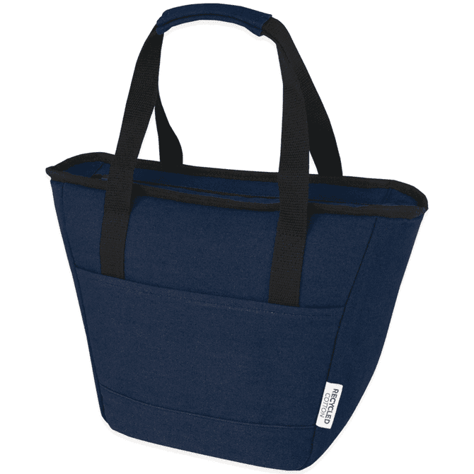 A navy cooler tote bag with black handles, featuring a pocket and a logo. Designed for carrying beverages.