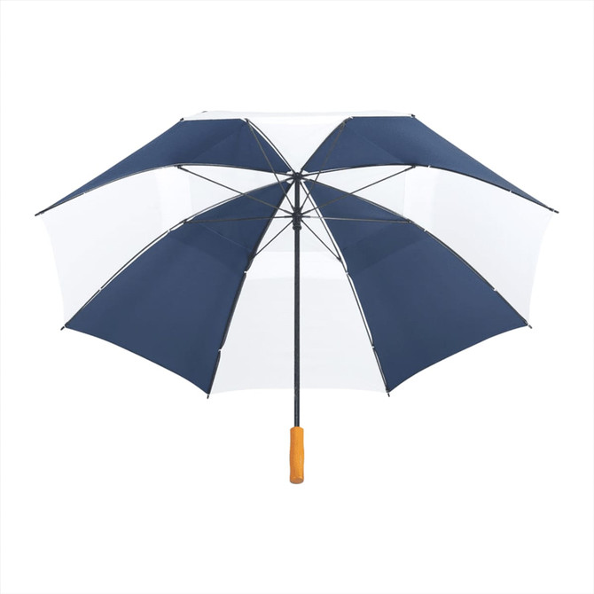 A navy and white recycled golf umbrella with a wooden handle and a logo.