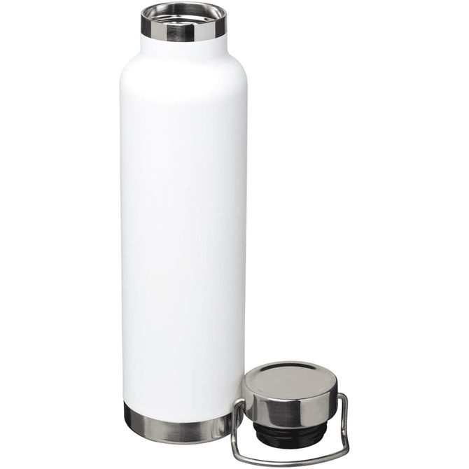 A drink bottle with a sleek white finish and stainless steel accents, featuring a removable cap.