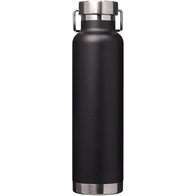 A drink bottle in matte black with a stainless steel base and cap, featuring a handle and a logo.