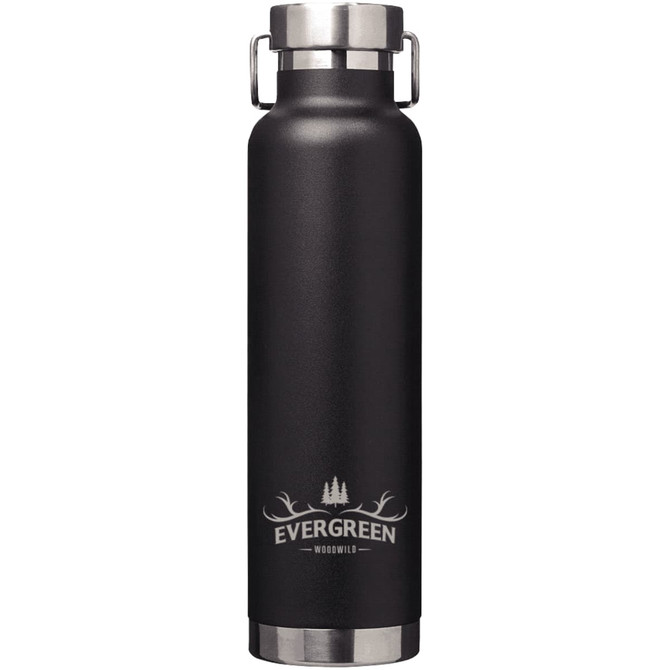 A drink bottle in matte black with a stainless steel screw-top lid and a logo on the front.