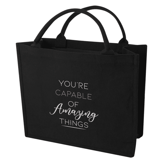 A black tote bag with two handles featuring a printed design and a logo.