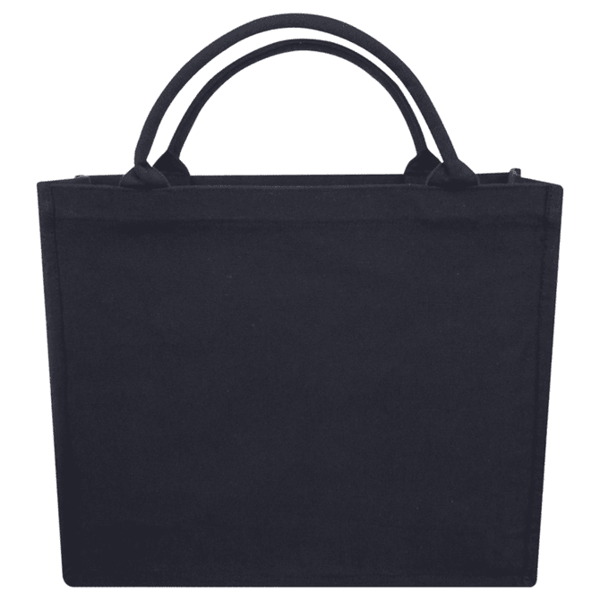 A black recycled tote bag with dual handles and a simple, unembellished design. It features a logo on the front.