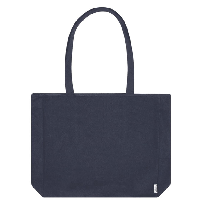 A navy blue recycled zip tote bag with long handles and a simple design. It features a branding logo.