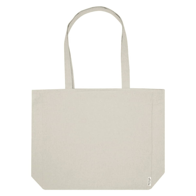 A light grey recycled zip tote bag with long straps and a simple design. It features branding on one side.