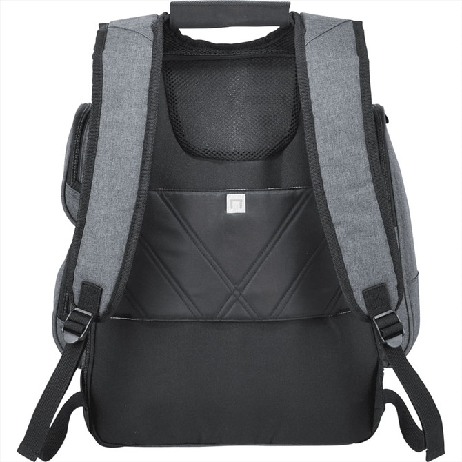 A grey and black checkpoint-friendly compu-backpack with padded straps and a structured back panel.
