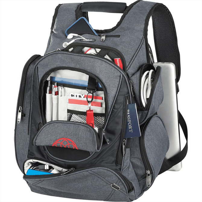 A grey and black checkpoint-friendly backpack with multiple compartments for tech and stationery items. It features a logo.