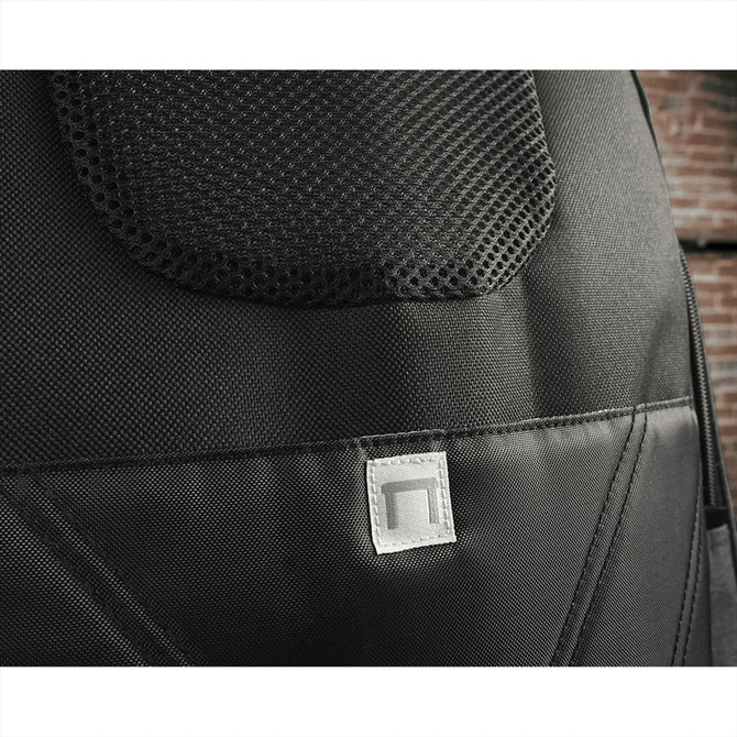 A black backpack featuring mesh detailing and a branded logo, showcasing its material and construction.