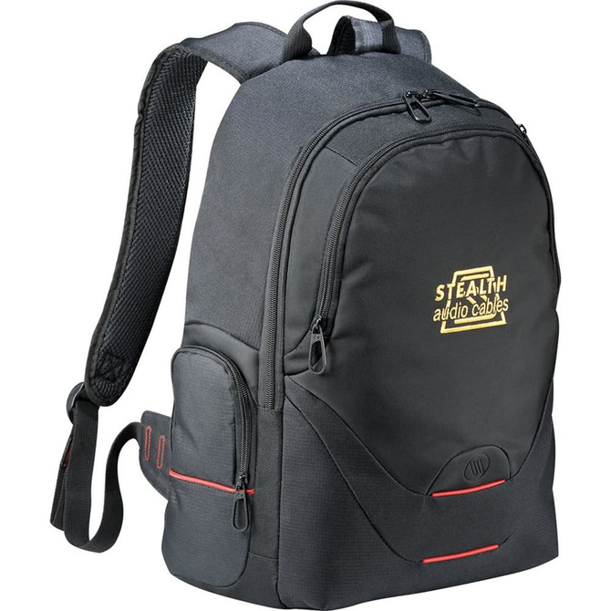A black laptop backpack with multiple compartments, padded straps, and a logo on the front.