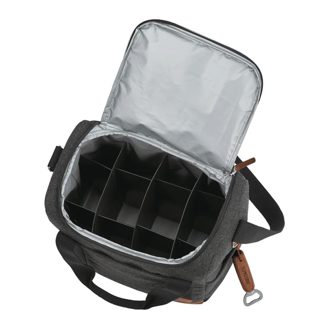 A dark grey cooler bag with a silver interior and multiple compartments for bottle storage. It has a logo.