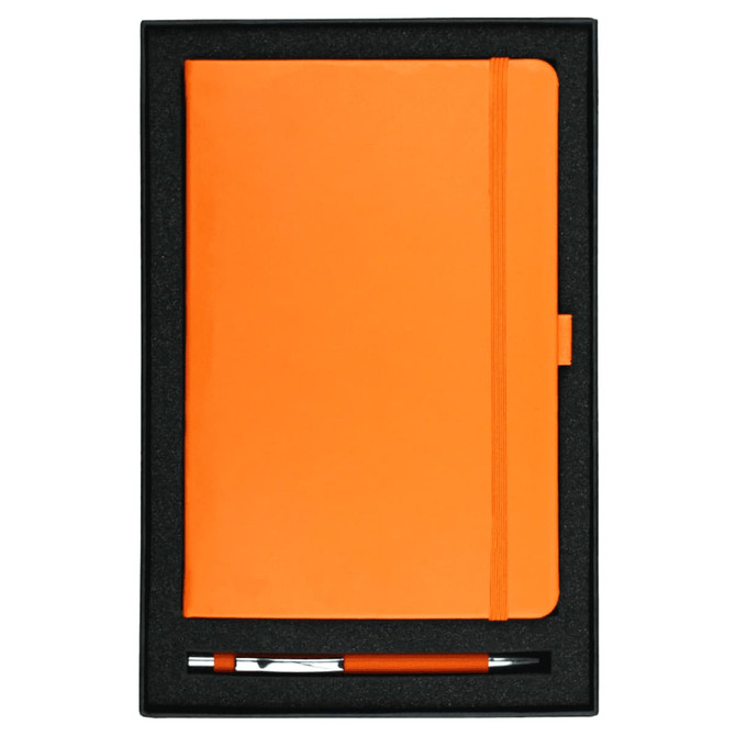 An orange journal and pen set displayed in a black gift box, featuring a logo.