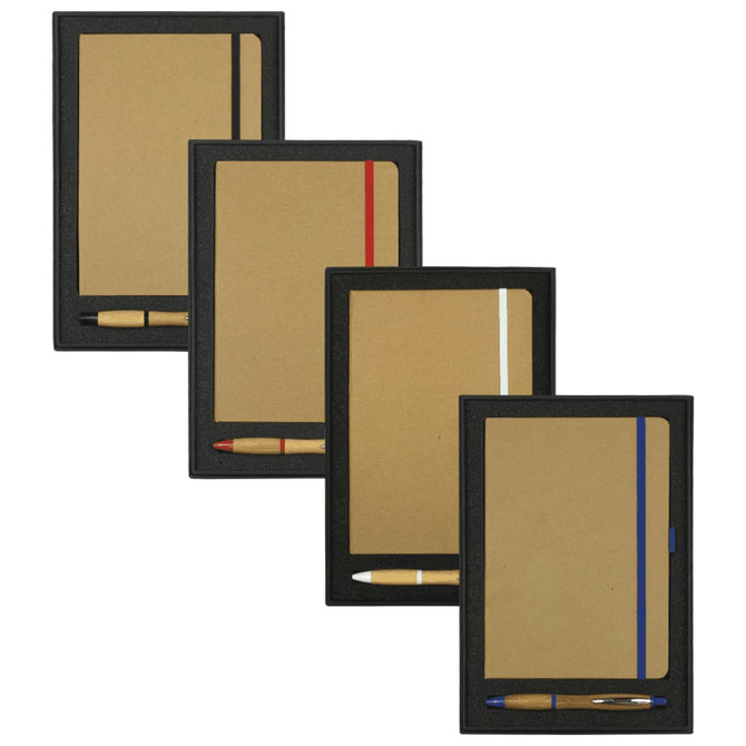 A collection of four JB1022 Colour Bound Journals in black with bamboo pens, featuring red, white, and blue accents.