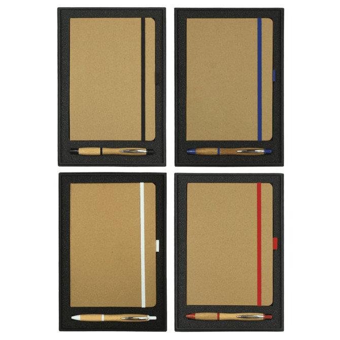 A gift set featuring a brown journal with a black cover and colour-bound options, paired with a bamboo pen.