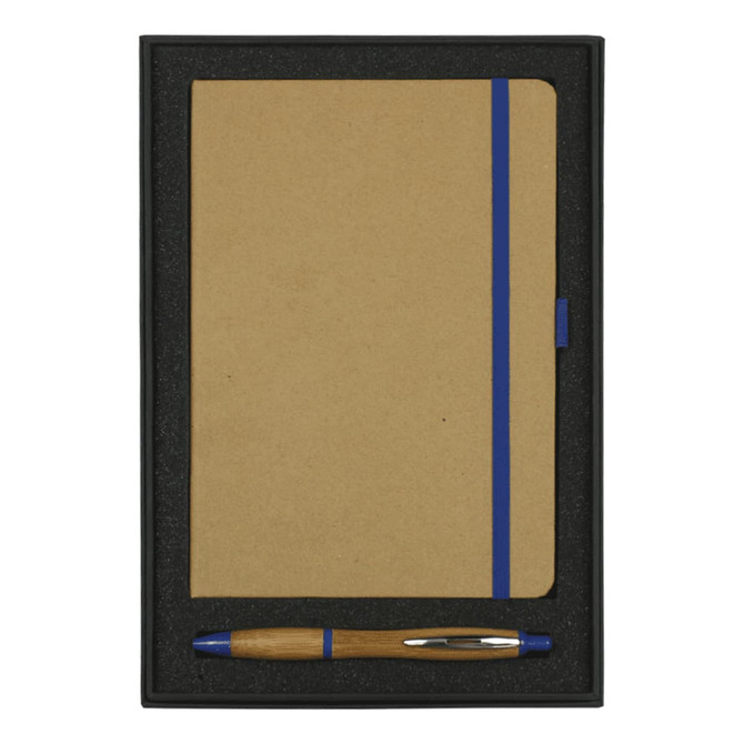 A gift set featuring a brown journal with a blue band and a bamboo pen, presented in a black box.