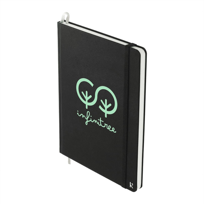 A black hardcover notebook with a green logo and an embedded bookmark. Features an elastic band for closure.