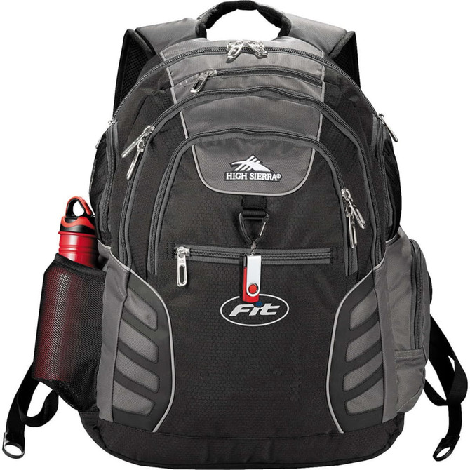 A black and grey High Sierra Swerve Big Wig 17" backpack, featuring multiple compartments and a drink bottle holder.