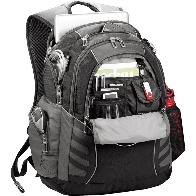 A black and grey laptop backpack featuring multiple compartments, including space for a laptop and water bottle.