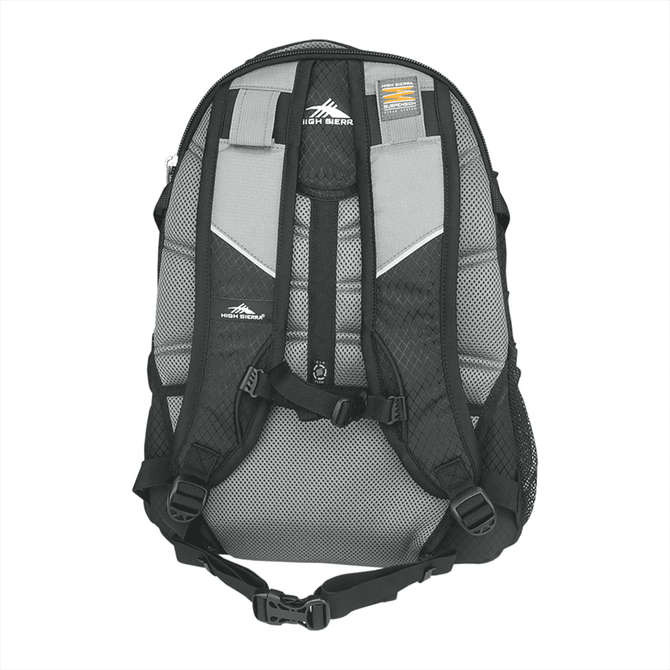 A grey and black High Sierra Access 17" 46L Computer Backpack with padded straps and mesh detailing.
