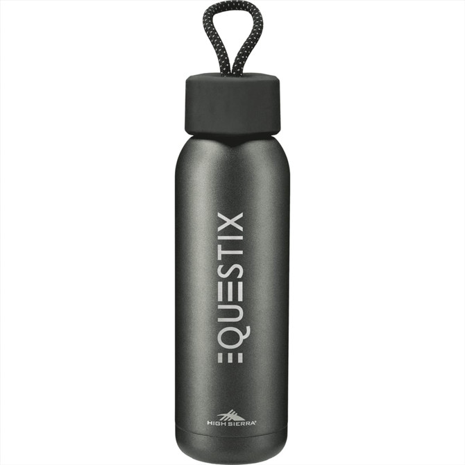 A drink bottle in matte grey with a black cap and a handle, featuring a branding logo.