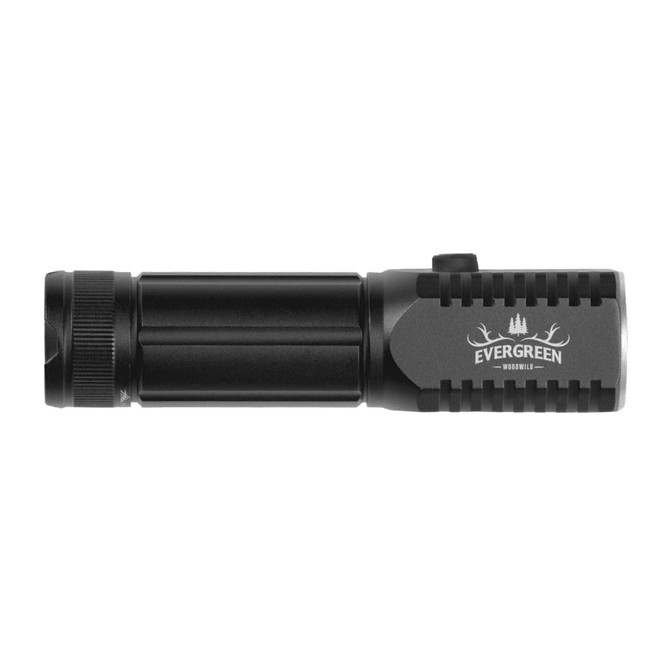 A black LED torch with a textured grip and a branding logo on the side.
