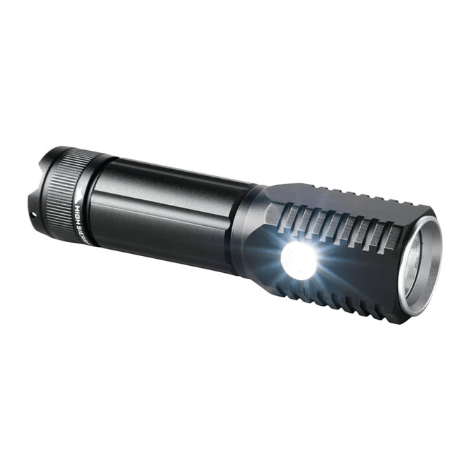 A black LED torch with a textured grip, featuring a round lens and a branding logo.