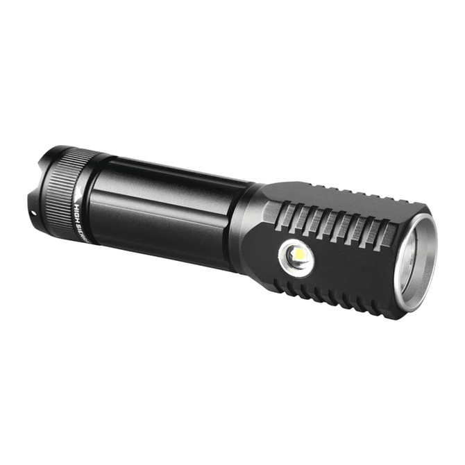 A black LED torch with a textured grip and a bright light head, featuring a branding logo.