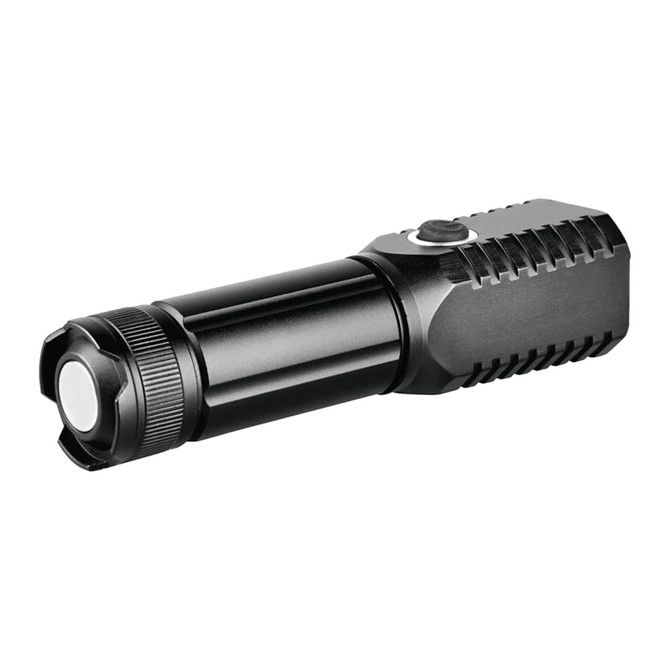 A compact black LED torch with textured grip and a push-button switch. It includes a logo on the body.