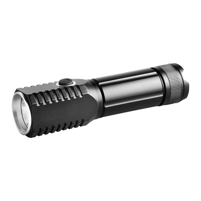 A black LED torch featuring a textured grip and a control button on the side. It has a sleek, compact design.