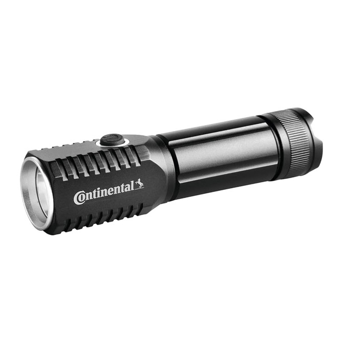 A black LED torch featuring textured grip and a button switch, designed for portability and convenience.