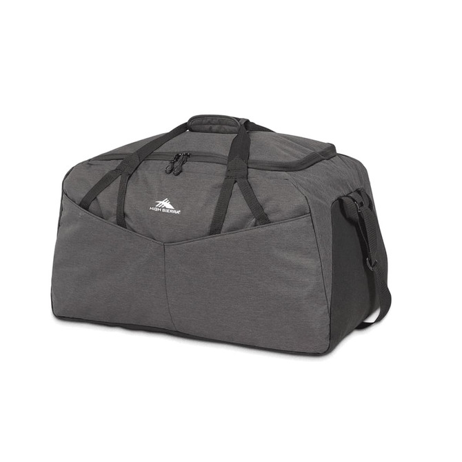 A large, grey duffel bag with multiple compartments and a shoulder strap, featuring a logo on the front.