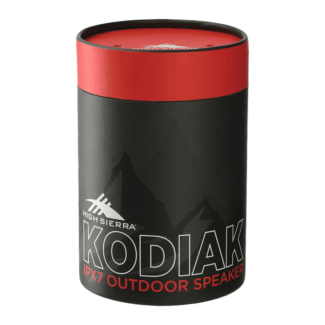 A cylindrical black speaker with a red top, featuring a logo and the model name "Kodiak IPX7 Outdoor Speaker."